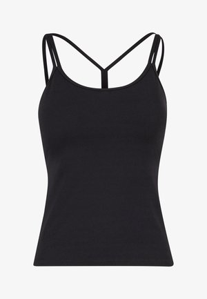 Top negru fără mâneci, cu un design ajustat, prezentând bretele subțiri și spate încrucișat. Fabricat dintr-un material neted și elastic.