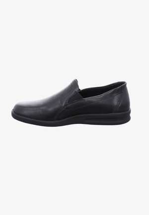 Black slip-on shoe made of leather with a smooth texture, rounded toe, elastic side inserts, and a flexible rubber sole.