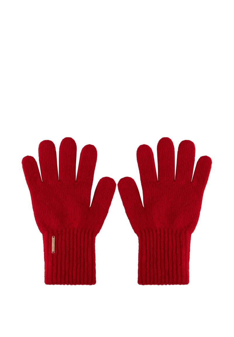 Gants tricotés rouges avec une texture côtelée, présentant cinq doigts et une petite étiquette au poignet. Tissu doux et chaud.