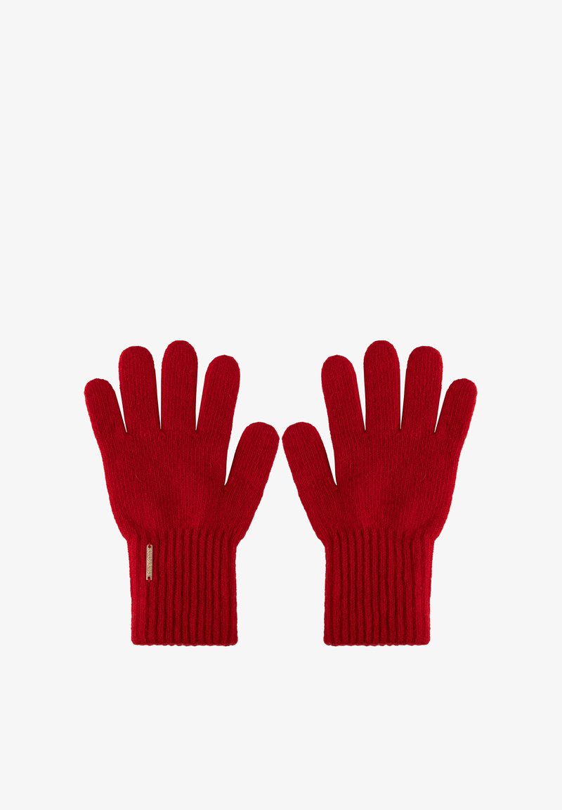 Gants tricotés rouges avec une texture côtelée, présentant cinq doigts et une petite étiquette au poignet. Tissu doux et chaud.