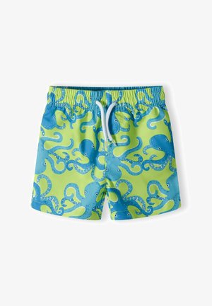 Plave i zelene kupaće gaće s uzorkom hobotnica, elastična struk i zatvaranje na vezicu. Glatka, lagana tkanina.