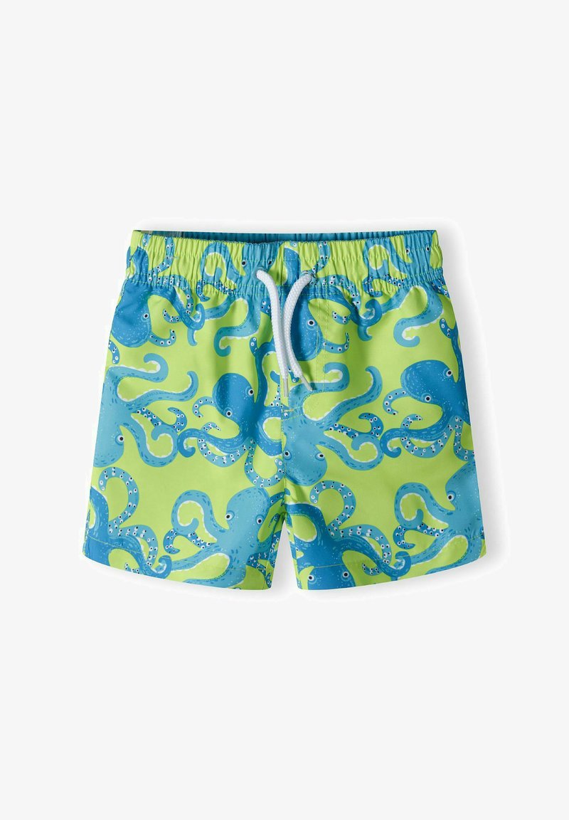 Costum de baie bleu și verde cu un model de caracatițe, dotat cu un talie elastică și șnur de ajustare. Îmbrăcăminte din material neted și ușor.