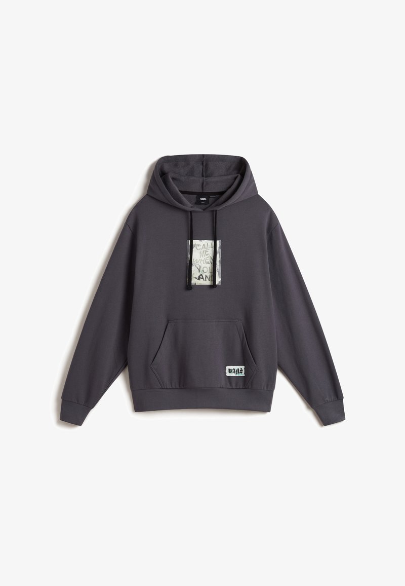 Kapuzensweatshirt aus dunkelgrauem Baumwollmix mit einer vorderen Kängurutasche, grafischem Druck auf der Brust und verstellbaren Kordeln.