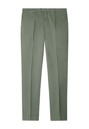 Pantalon vert olive en coton, avec une coupe ajustée, un devant plat et des poches latérales. Comprend une fermeture à un bouton et des passants de ceinture.