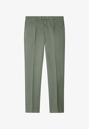 Pantalon vert olive en coton, avec une coupe ajustée, un devant plat et des poches latérales. Comprend une fermeture à un bouton et des passants de ceinture.