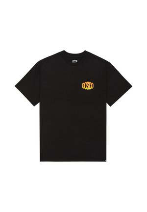 Black cotton t-shirt with short sleeves and a crew neck. Features yellow "OSCCO" logo printed on the left side of the chest.