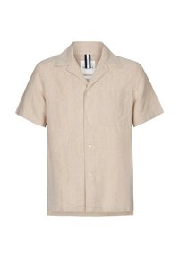 Camicia di lino beige a maniche corte con colletto a scollo a V, taschino frontale e chiusura con bottoni, caratterizzata da un tessuto texturizzato.