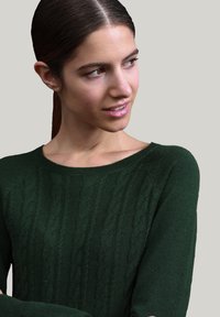 Pull en maille torsadée verte avec un col rond côtelé et des manches raglan. La texture est douce avec des motifs en relief sur toute la surface.