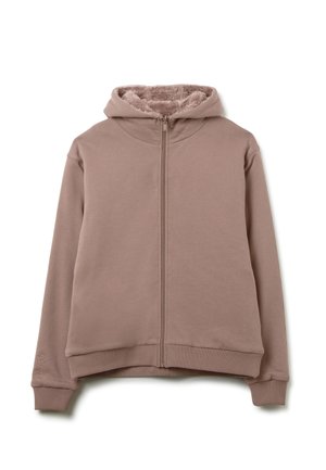 Hooded zip-up sweatshirt in licht mauve. Heeft een zachte, fluffy binnenkant, geribde manchetten en zoom, en subtiele tekstdetails op de mouw.