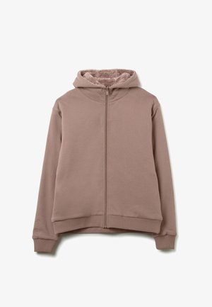 Hooded zip-up sweatshirt in licht mauve. Heeft een zachte, fluffy binnenkant, geribde manchetten en zoom, en subtiele tekstdetails op de mouw.