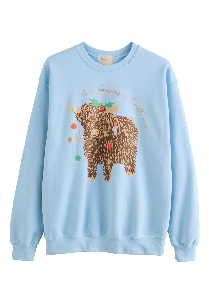 Jasnoniebieska bluza bawełniana z grafiką brązowego, puszystego zwierzaka, ozdobioną ostrokrzewiem, ozdobami i napisem. Prosty dekolt typu crew neck.