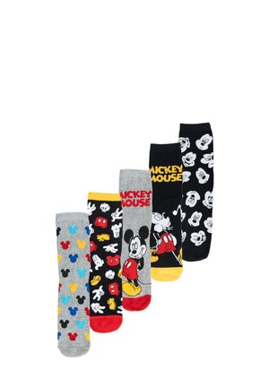 Fünf Paar Socken: grau mit Mickey Mouse und bunten Symbolen, schwarz mit Mickys Gesicht, weißen Akzenten und lebhaften Bündchen. Verschiedene Muster.