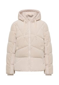 Beige puffejakke med hætte, med en kviltet design, kordfløjl tekstur, frontal lynlås og sidelommer.