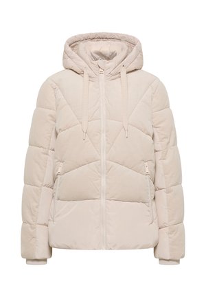 Chaqueta de plumas beige con capucha, que presenta un diseño acolchado, textura de pana, cremallera frontal y bolsillos laterales.