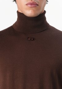 Rudas golfas su aukštu kaklu, pagamintas iš smulkaus mezginio audinio, su mažu rudų spalvos logotipu šalia kaklo iškirpimo. Lygus paviršius ir prigludusi forma.