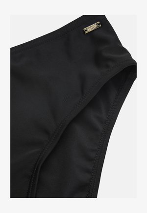 Sort bikini-bund med en glat tekstur, elastisk talje og en lille metallisk accent. Sømmen er synlig langs kanterne.
