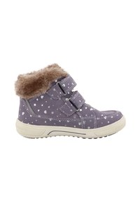 Lila Knöchelstiefel mit silbernen Herz- und Sternmustern, flauschigem braunen Kragen, doppeltem Klettverschluss und einer weißen Gummisohle.