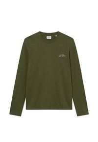Olivgrünes langärmliges T-Shirt aus weichem Stoff. Mit Rundhalsausschnitt und kleinem weißen Logo auf der Brust. Klassische Passform.