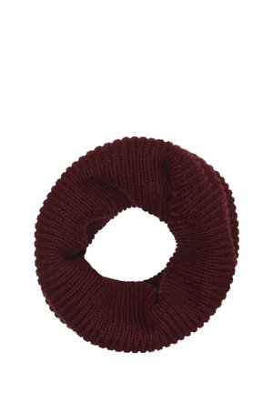 Dark red knitted infinity scarf arranged in a circular shape, showing ribbed texture and thick, cozy appearance on a white background.