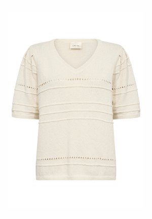 V-neck cream knit sweater with short sleeves, featuring ribbed and openwork striped patterns, soft texture, and relaxed fit.