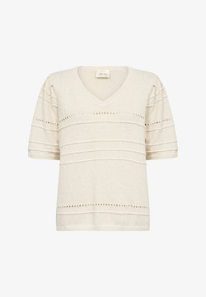 Ljuskrämbas V-ringad stickad tröja med korta ärmar, prydd med ribbade och öppna randiga mönster, mjuk textur och avslappnad passform.