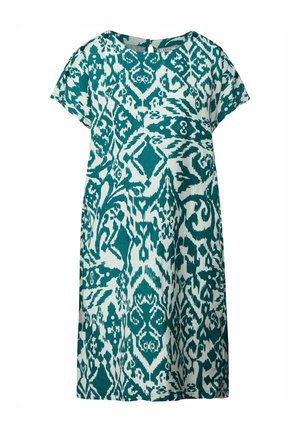 Sukienka we wzory w zielono-białe pasy. Krótkie rękawy, okrągły dekolt, luźny krój, z wyjątkowym wzorem ikat. Miękka tekstura materiału.