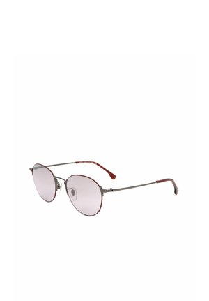 Occhiali da sole rotondi con montatura metallica, lenti rosa e sottili aste marroni con estremità curve.