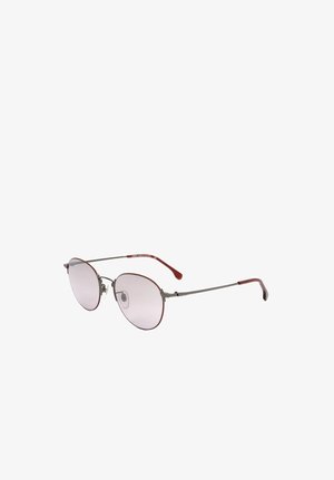 Occhiali da sole rotondi con montatura metallica, lenti rosa e sottili aste marroni con estremità curve.