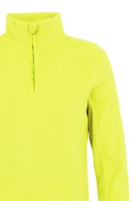 Pull polaire jaune vif avec une fermeture éclair quart et un col montant, avec un marquage subtil "protest" sur la fermeture éclair et la poitrine.