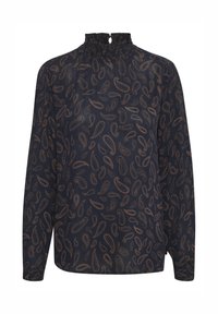 Tmavomodrá blúzka s dlhými rukávmi, vysokým volánovým golierom a vzorom paisley v bronzovej farbe, so zapínaním na gombíky na zadnej strane.