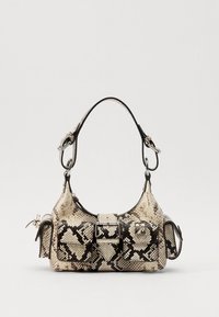 Python-patterned handbag in beige and black, featuring silver hardware, a short handle, and two front pockets with snap closures.