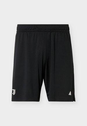 Schwarze Sportshorts mit elastischem Bund, Juventus-Logo am linken Bein und Adidas-Logo am rechten Bein.