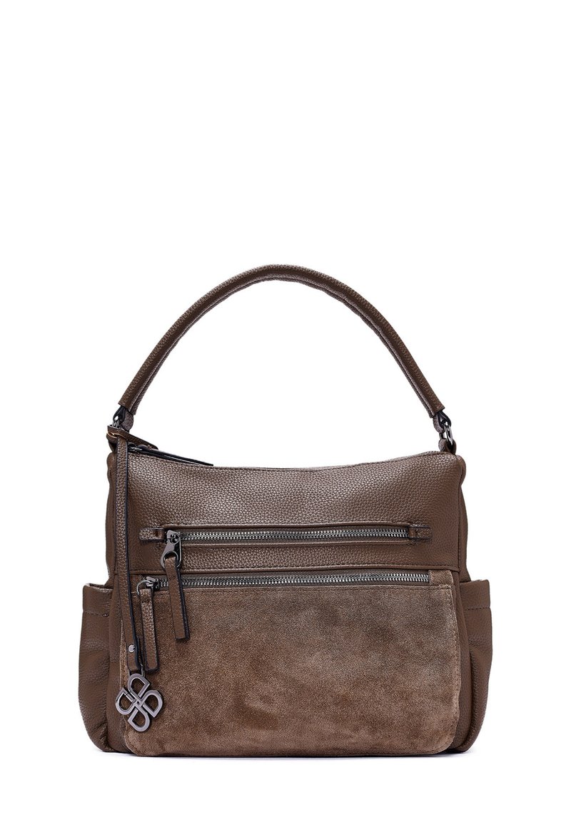 Borsa a mano in pelle marrone con una finitura testurizzata e dettagli lisci, dotata di due tasche con zip e una maniglia superiore per il trasporto.