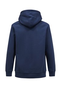 Marineblå hættetrøje med en rummelig hætte, ribbede manchetter og kantbånd. Lavet af blødt materiale med en glat tekstur. Enkel design, ingen synlige detaljer.