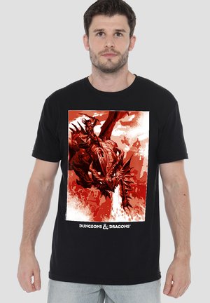 Black t-shirt featuring a bold red and white graphic of a dragon and a figure, with "Dungeons & Dragons" logo at the bottom.