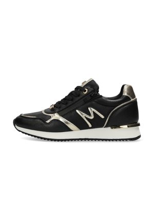Black athletic shoes with metallic gold accents, a textured upper, cushioned sole, and white midsole, featuring a prominent "M" logo.