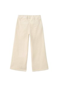 Pantalons larges en velours côtelé couleur crème avec une taille élastique et deux poches arrière. Tissu texturé avec des côtes verticales.