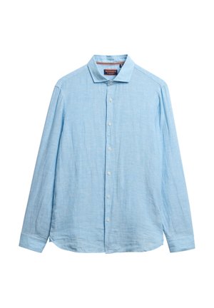 Camisa de dress de manga larga en azul claro, hecha de lino; cuenta con un cierre de botones, cuello clásico y una tela suave y texturizada.