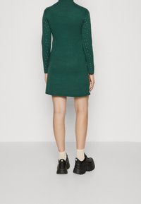 Mörkgrön stickad klänning med lång ärm, hög krage och prydnadsdetaljer på ärmarna. Styll med svarta platåskor och beige strumpor.