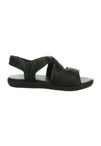 Schwarze Leder-Sandale mit einem Kreuzriemen-Design, offener Zehenpartie und Fersenriemen. Weicher Stoff mit einer flachen Gummisohle für mehr Komfort.