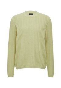 Hellgrüner gerippter Pullover mit langen Ärmeln, rundem Ausschnitt und lässiger Passform. Der Stoff wirkt weich und hat ein dezentes strukturiertes Muster.