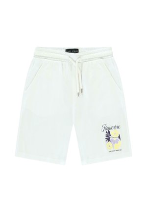 Witte korte broek met elastische tailleband en trekkoord. Voorzien van zijzakken en een bloemmotief in paars en geel.