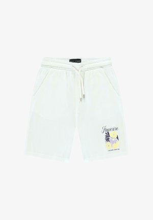 Witte korte broek met elastische tailleband en trekkoord. Voorzien van zijzakken en een bloemmotief in paars en geel.