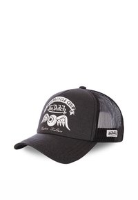 Gorra de camionero negra con tejido texturizado, parte trasera de malla y un diseño gráfico blanco de alas y texto en la parte delantera. Etiqueta de la marca en el lado.