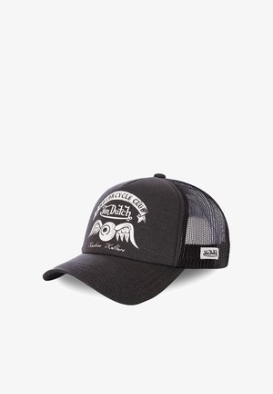 Schwarze Trucker-Mütze aus strukturiertem Stoff mit Mesh-Rückseite und einem weißen grafischen Druck von Flügeln und Text auf der Vorderseite. Markenlabel an der Seite.