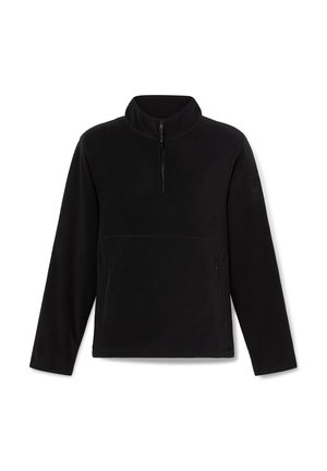 Svart fleecepullover med kvartdragkedja, hög krage och två framfickor med dragkedja. Mjuk textur och avslappnad passform. Har ett logomärke.