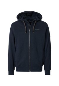 Marinefarbener Zip-Hoodie aus weichem Stoff, mit einer Kapuze mit Kordelzug, Kängurutaschen und einem kleinen Logo auf der Brust. Glatte Textur.