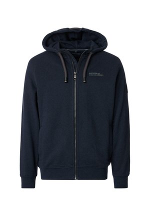 Marinefarbener Zip-Hoodie aus weichem Stoff, mit einer Kapuze mit Kordelzug, Kängurutaschen und einem kleinen Logo auf der Brust. Glatte Textur.