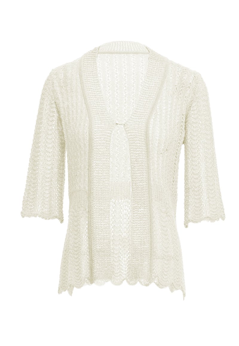 Cardigan leggero lavorato a maglia in bianco sporco, con maniche corte, scollo a V e orlo scalloppato con un motivo testurizzato su tutta la superficie.