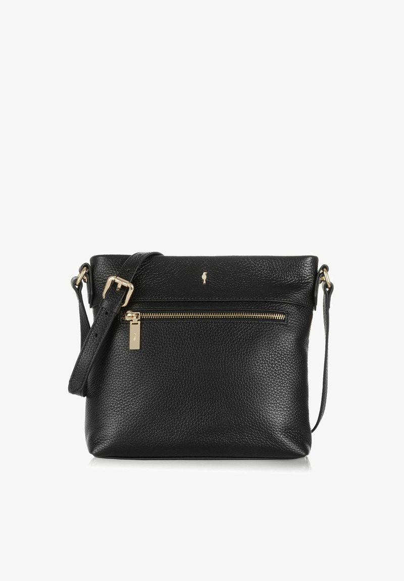 Czarna skórzana torebka na ramię z teksturowaną powierzchnią, złotym okuciem i przednią kieszenią na zamek. Zawiera regulowany pasek dla wygody.